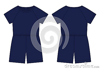 Cotton oversized raglan jumpsuit technical sketch. Dark blue color. Women`s romper design template Vector Illustration