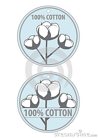 100 cotton product clothing labels. Cotton on blue background Vector Illustration