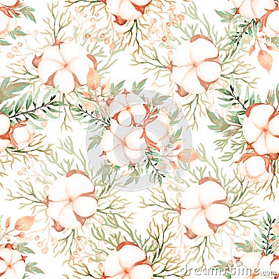 Cotton seamless pattern, Watercolor hand drawn greenery paper, delicate florals repeat paper, textile design, scrapbook paper Stock Photo