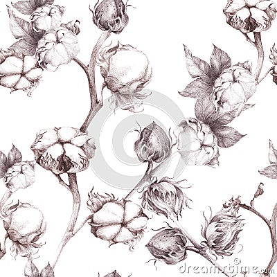 Cotton - stalk plants with seed pods. Seamless pattern. Wallpaper. Use printed materials, signs, posters, postcards, packaging. Stock Photo