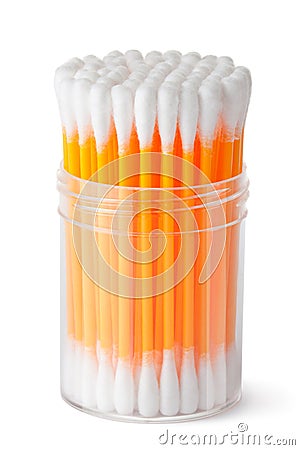 Cotton swabs in transparent plastic box Stock Photo