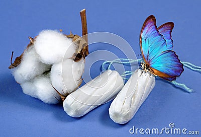 cotton tampon, intimate hygiene, gynecological menstruation cycle. Blue butterfly on a cotton tampon. Stock Photo