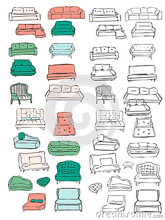 Couch big set. Vecthand drawn illustration. Interiors projects. Vector Illustration