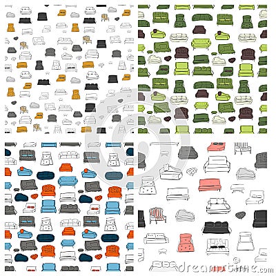 Couch big set. Vecthand drawn illustration. Interiors projects. Vector Illustration