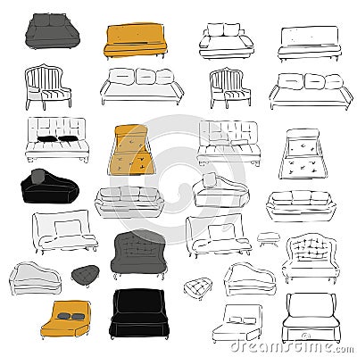 Couch big set. Vecthand drawn illustration. Interiors projects. Vector Illustration