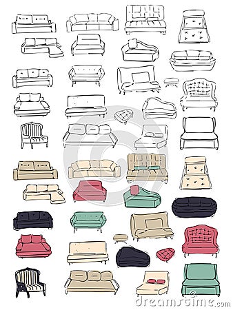 Couch big set. Vecthand drawn illustration. Interiors projects. Vector Illustration