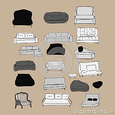 Couch big set. Vecthand drawn illustration. Interiors projects. Vector Illustration