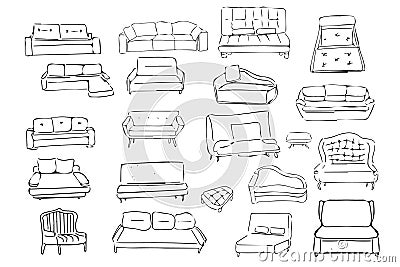 Couch big set. Vecthand drawn illustration. Interiors projects. Vector Illustration