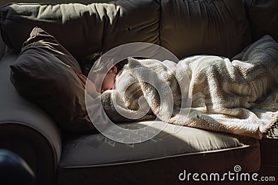 couch napper with light blanket, peaceful afternoon light Stock Photo