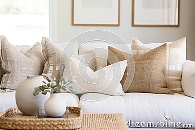 a couch with several throw pillows in neutral tones Stock Photo