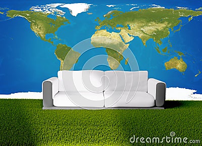 couch sofa on green grass 3d-illustration. elements of this image furnished by NASA Cartoon Illustration