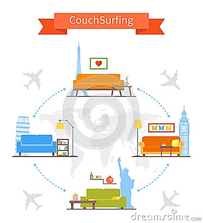 Couch Surfing and sharing economy concept. Vector Vector Illustration
