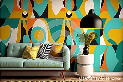 a couch and a table in a room with a wallpapered wall and a lamp on the side Stock Photo