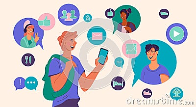 Couchsurfing and tourists feedback application banner flat vector illustration. Vector Illustration