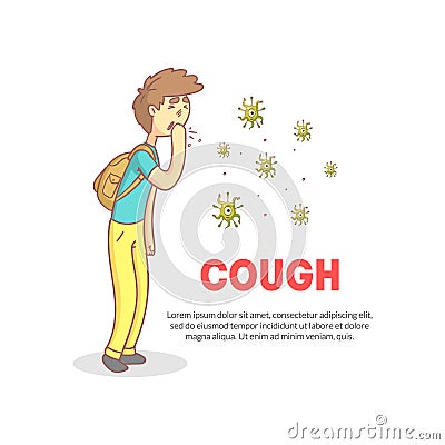 Cough Banner with Space for Text, Teenage Boy Coughing with Fist in Front of His Mouth Vector Illustration Vector Illustration