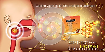 Cough Drops ads. Vector 3d Illustration with honey pills for throat. Vector Illustration