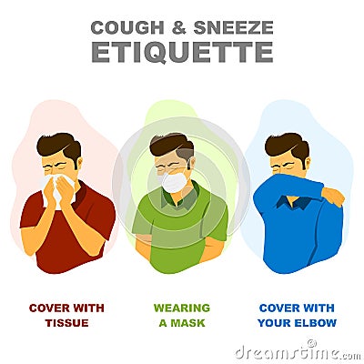 Cough and sneeze etiquette, medical advice to coughing and sneezing without spreading disease illustration. Vector Illustration