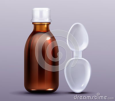 Cough syrup bottle and plastic spoon, pharmacy Vector Illustration