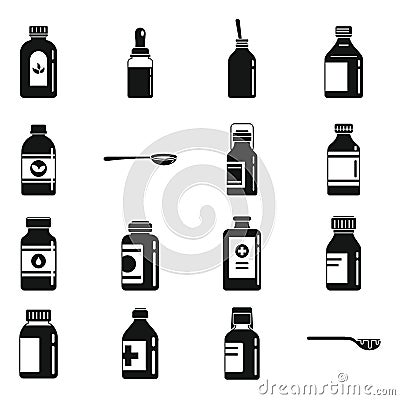 Cough syrup dosage icons set, simple style Vector Illustration