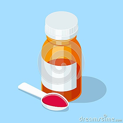 Cough syrup. Medical mixture in spoon and bottle. Cartoon Illustration