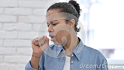 Coughing Sick Young African Woman, Throat Sore Stock Photo