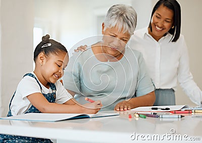 Could you draw grandma. a young girl getting help from her mother and grandma while doing her homework at home. Stock Photo
