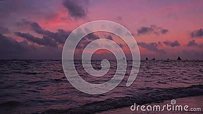Couleurs époustouflantes du coucher de soleil tropical Les silhouettes des voiliers flottant à l'horizon océanique Été de l'île d banque de vidéos Couleurs époustouflantes du coucher de soleil tropical Les silhouettes des voiliers flottant à l'horizon océanique Été de l'île d banque de vidéos