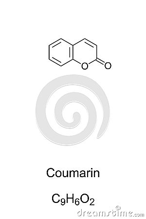 Coumarin, artificial vanilla substitute, chemical structure and formula Vector Illustration