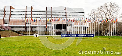 Council of Europe with flag of Russia flying half-mast Editorial Stock Photo