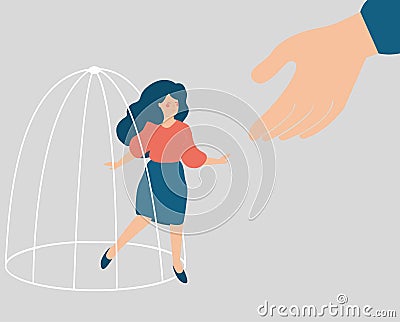 Counselor helps a woman escape from a cage and get rid of depression and stress Vector Illustration