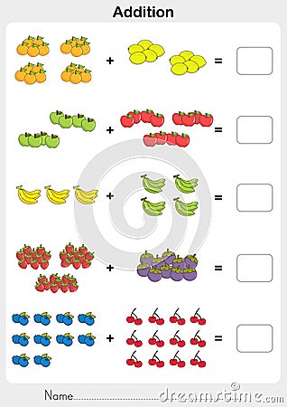 Count and addition the fruits. Then write the solutions. Vector Illustration