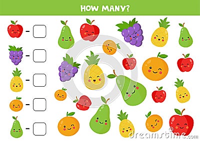 Count the amount of cute kawaii fruits and write down the answer Vector Illustration