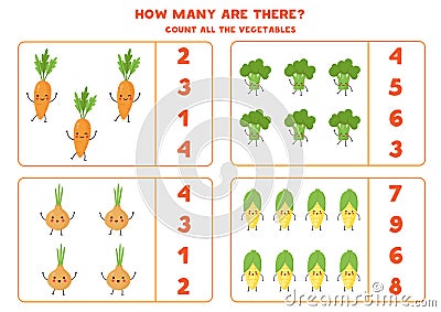 Count the amount of cute kawaii vegetables. Vector Illustration