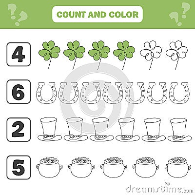 Count and color game for preschool children - Saint Patrick Day. Worksheet Vector Illustration