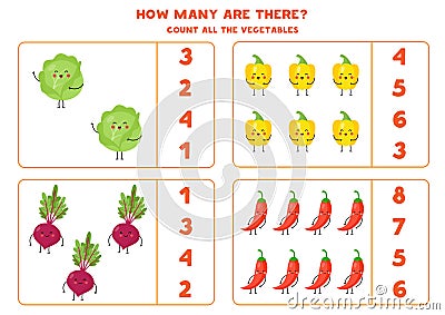 Count cute kawaii vegetables and circle the right answer Vector Illustration