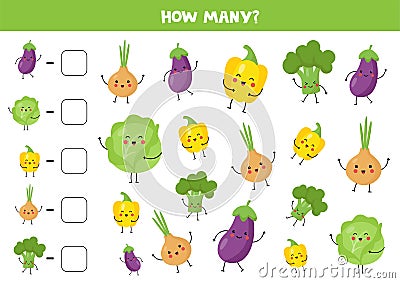 Count cute kawaii vegetables and write down the answer. Vector Illustration