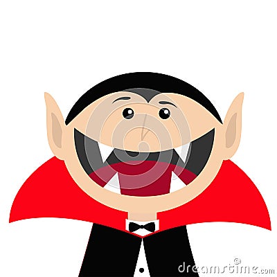 Count Dracula head face wearing black and red cape. Cute cartoon vampire character with fangs. Big mouth. Happy Halloween. Greetin Vector Illustration