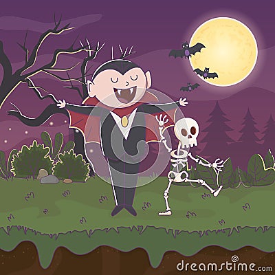 Count dracula skeleton bats moon night halloween Vector Illustration