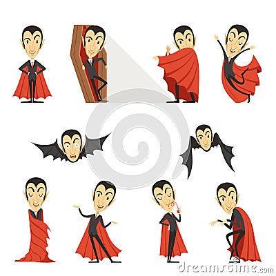 Count Dracula wearing red cape. Set of cute cartoon vampire characters vector illustrations Vector Illustration