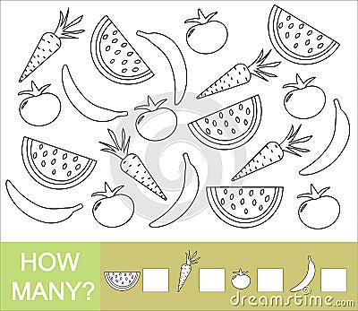 Count how many fruits, berries and vegetables banana, watermelon, tomato, carrot. Vector Illustration