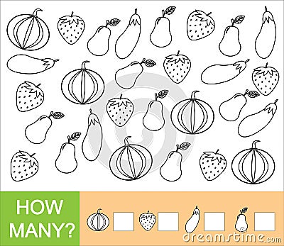 Count how many fruits, berries and vegetables pear, strawberry, eggplant, pumpkin Vector Illustration