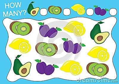 Count how many fruits. Educational game for preschool children. Vector Illustration