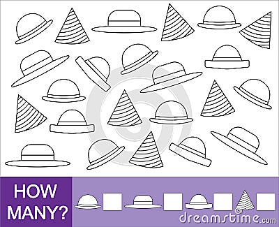 Count how many hats and paint hats. Mathematical game for children Vector Illustration