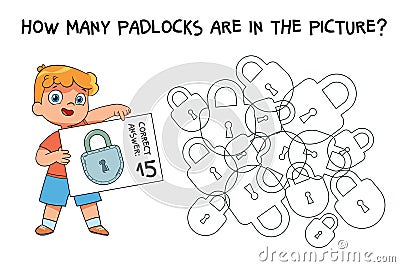 Count how many padlocks are hidden in the picture. How many items are in picture. Educational game for children Vector Illustration