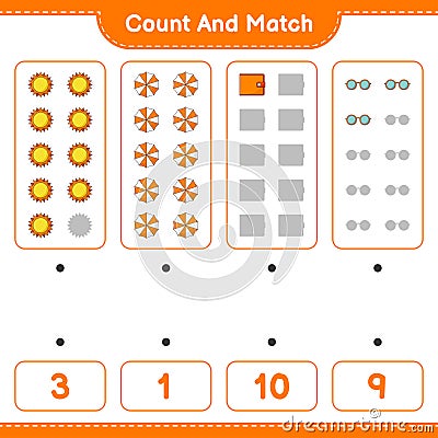 Count and match, count the number of Sun, Beach Umbrella, Wallet, Sunglasses and match with the right numbers. Educational Vector Illustration