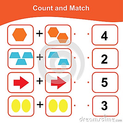 Counting and Matching Game for Preschool Children. Math Worksheet for Preschool. Geometric shapes theme. Vector Illustration