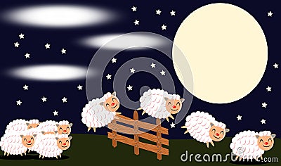 Sheep jumping the fence, count of the sheep, night, cartoon. Stock Photo