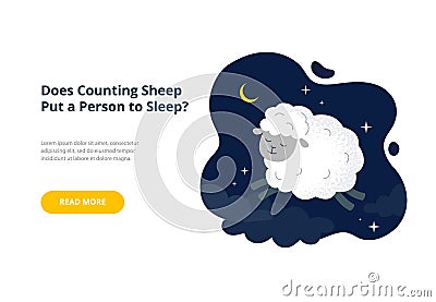 Count sheep before bed concept. Funny little sheep in the night sky. Vector flat illustration for banners, landing page. Vector Illustration