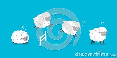 Count sheep before bed. Cute sheep are jumping over the fence. Vector flat illustration. Vector Illustration