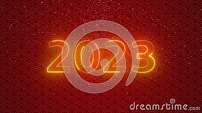 Countdown Happy Chinese New Year, Lunar New Year or Spring Festival text neon and firework 2023 with Oriental ornamental elements Stock Photo